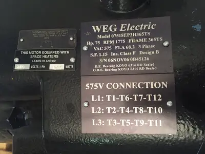 07518EP3H365TS | WEG  Electric Motor 75HP 575V 1775 RPM 365TS Frame - New