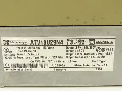ATV18U29N4 Altivar 16 VFD 3PH In 3PH 3.7A Out 2HP 380/460VAC 0.5-320Hz Lot of 2