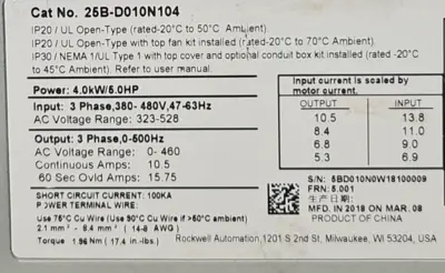 Allen-Bradley 25B-D010N104 Ser A PowerFlex 525 4kW 5Hp AC Drive (BIN642)
