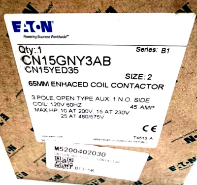 NEW EATON CN15GNY3AB 65MM COIL CONTACTOR SIZE 2 120V 60HZ CN15YED35