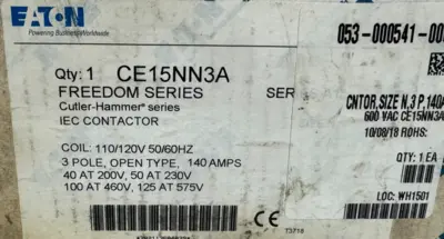 NEW EATON CE15NN3A CONTACTOR IEC SER. A1 3P 140A 110/120V 50/60HZ