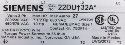 NEW SIEMENS 22DUD32AF REVERSING STARTER 22DU+32A