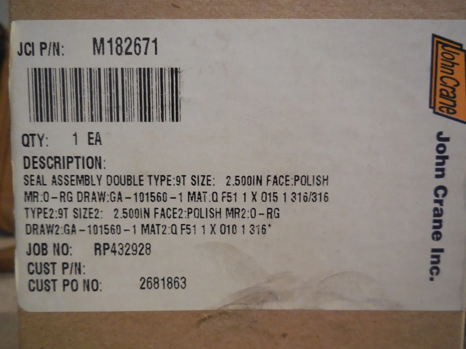 NEW JOHN CRANE M182671 SEAL ASSY. DOUBLE TYPE 9T
