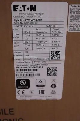 EATON POWERXL DG1 AC Drive 50/60HP DG1-34072FN-C21C 9702-4009-00P STOCK 4915A