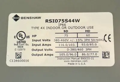 BENSHAW RSI075S44W Variable Frequency Drive IP66 (BIN1.6.1)