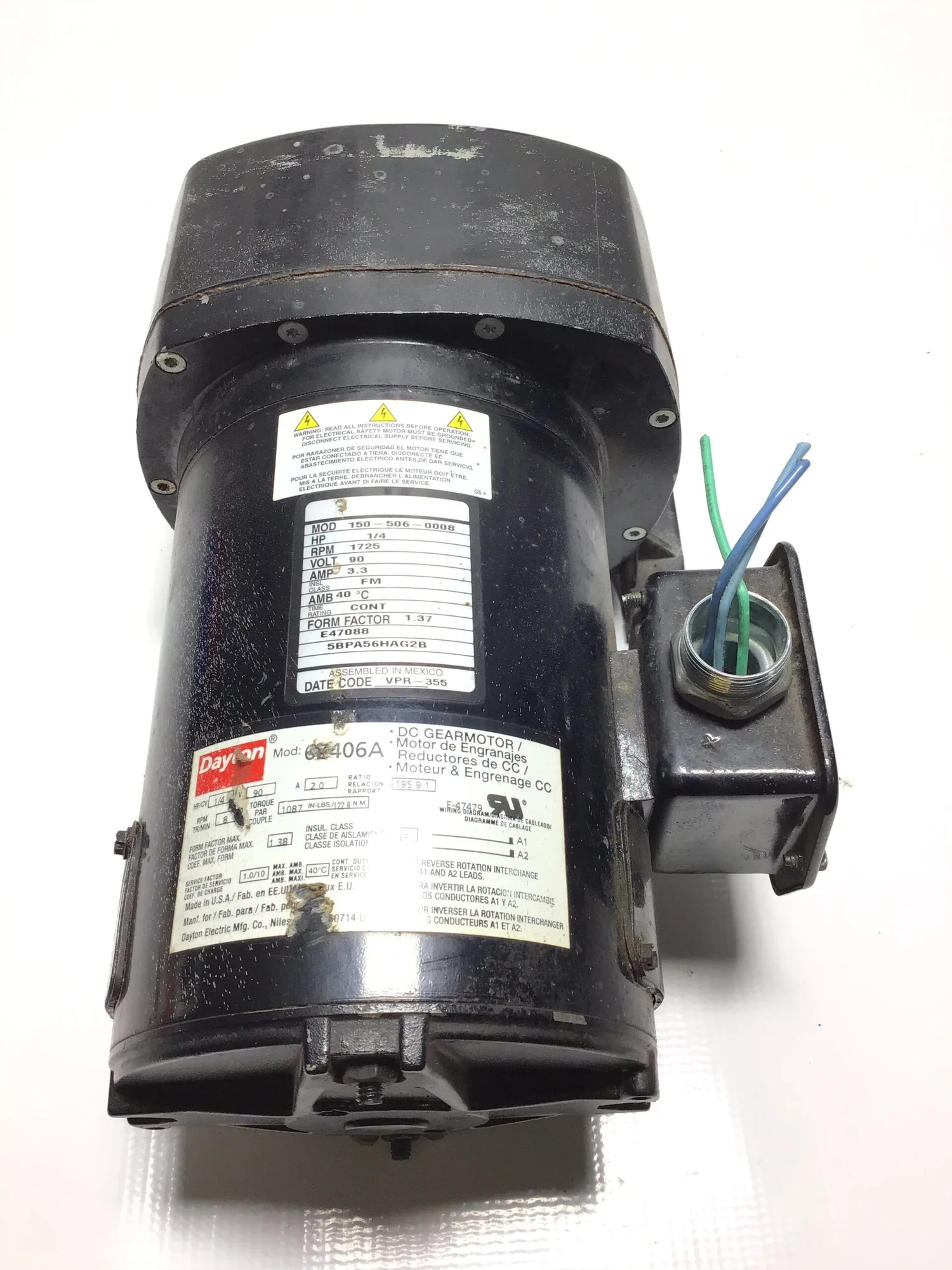 Dayton 150-506-0008 DC Gearmotor 1/4HP 195.9:1 Ratio