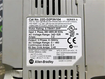 1.0HP Allen Bradley 22D-D2P3N104 Powerflex 40P Drive Ser.A FW 2.01 460V 3Ph Used