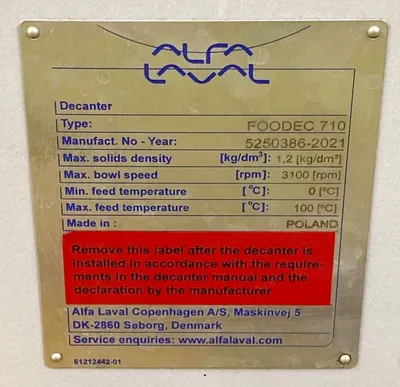 (2) Alfa-Laval FOODEC 710 sanitary decanter centrifuges, 316SS.
