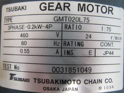 NEW TSUBAKI GMT020L75 GEAR MOTOR 460V 1:75