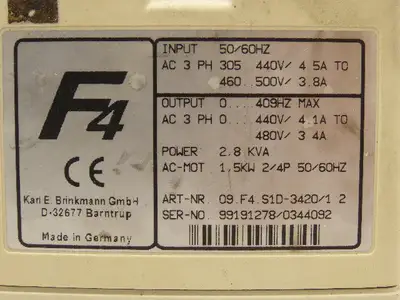KEB 09.F4.S1D-3420 V1.2 Combivert AC Inverter Drive 3PH 2.8KVA 480V 3.4A