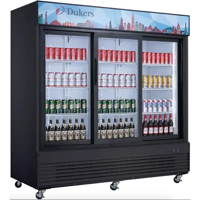 New | in-Stock Dukers New Dukers DSM-68SR Commercial Glass Sliding 3-Door Merchandising Reach-in Cooler Refrigerator Display Refrigerators Illinois US | Falcon Restaurant Supply #1376366