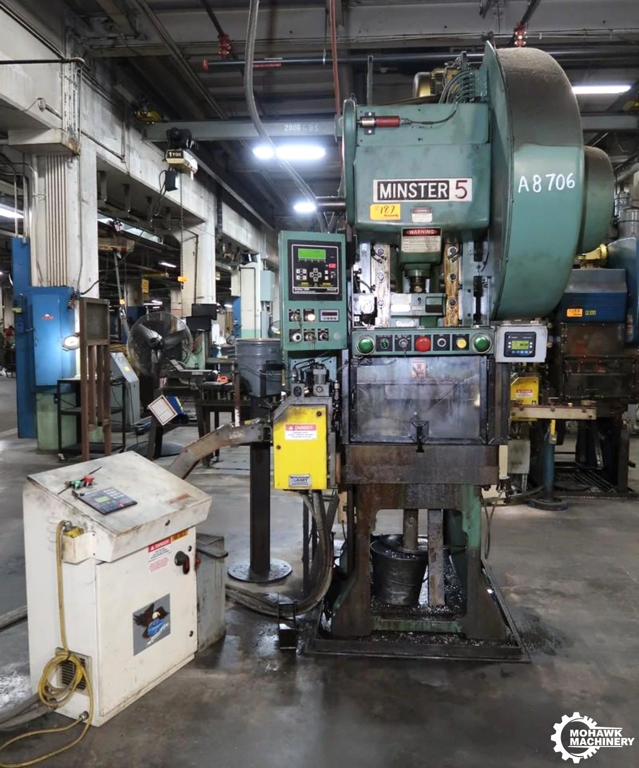 45 TON MINSTER "59S" FIXED-BASE GAP FRAME PRESS w/COE SERVO-FEED - 28" X 18" BOLSTER - 120 SPM
