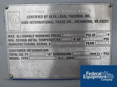 USED Alfa Laval 1,630 Sq Ft Alfa Laval Plate Heat Exchanger, S/S, 150#