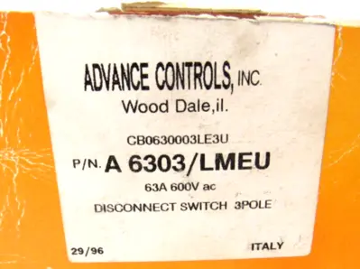 NEW ADVANCE CONTROLS A 6303/LMEU DISCONNECT SWITCH A6303LMEU