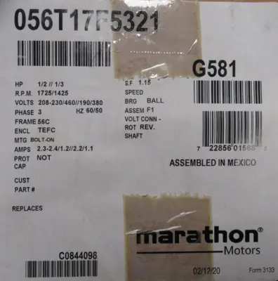 NEW MARATHON G581 MOTOR 1/2-1/3HP 208-230/460V