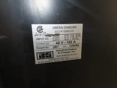 Green Diamond Forklift Battery Charger 48V 180A 925-1000Ah 208/240/480V 3Ph