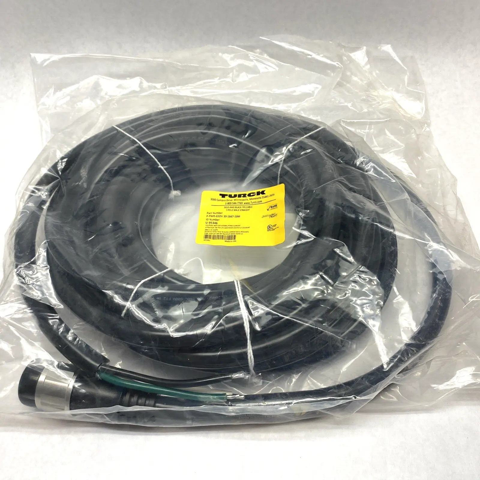 NEW TURCK POWERFAST STRAIGHT MALE CABLE 3-PIN U-95346