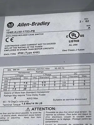 Used ALLEN-BRADLEY ALLEN-BRADLEY 194R-KJ30-1753-PB SER A Disconnects | ND Industrial Surplus #1213810