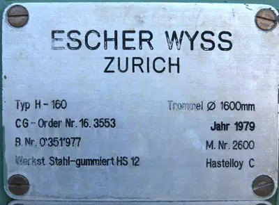 (2) Escher-Wyss H-160 peeler centrifuges, rubber-lined.