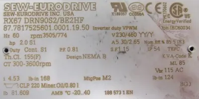 NEW SEW EURODRIVE RX67 DRN90S2/BE2HF GEARMOTOR 4.53:1 2HP RX67DRN90S2BE2HF