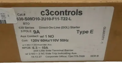 NEW C3CONTROLS 630-S09D10-2U10-F11-T22-L DIRECT-ON-LINE STARTER TYPE E 9AMP