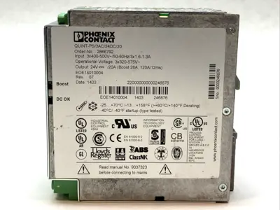 USED PHOENIX CONTACT POWER SUPPLY 24VDC 20A DIN RAIL 2866792