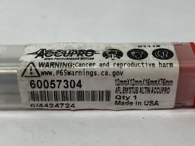 USED ACCUPRO SQUARE END MILL: 12.00 MM DIA, 16.00 MM LOC, 4 FLUTE, SOLID CARB