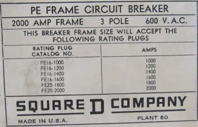 USED SQUARE D PEF20362000G CIRCUIT BREAKER 2000A