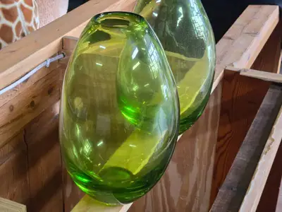 Lot of (2) Handblown Art Glass Table Vases by Holmegaard 6" x 12" (green) (rounded triangle)