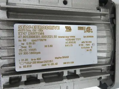 Sew Eurodrive KT47 DRN71M4 Gearmotor 21.81 Ratio .5Hp 230/460V 3PH 79rpm 90L