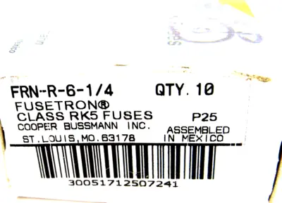 NEW LOT OF 10 BUSSMANN FRN-R-6-1/4 FUSES FRNR614