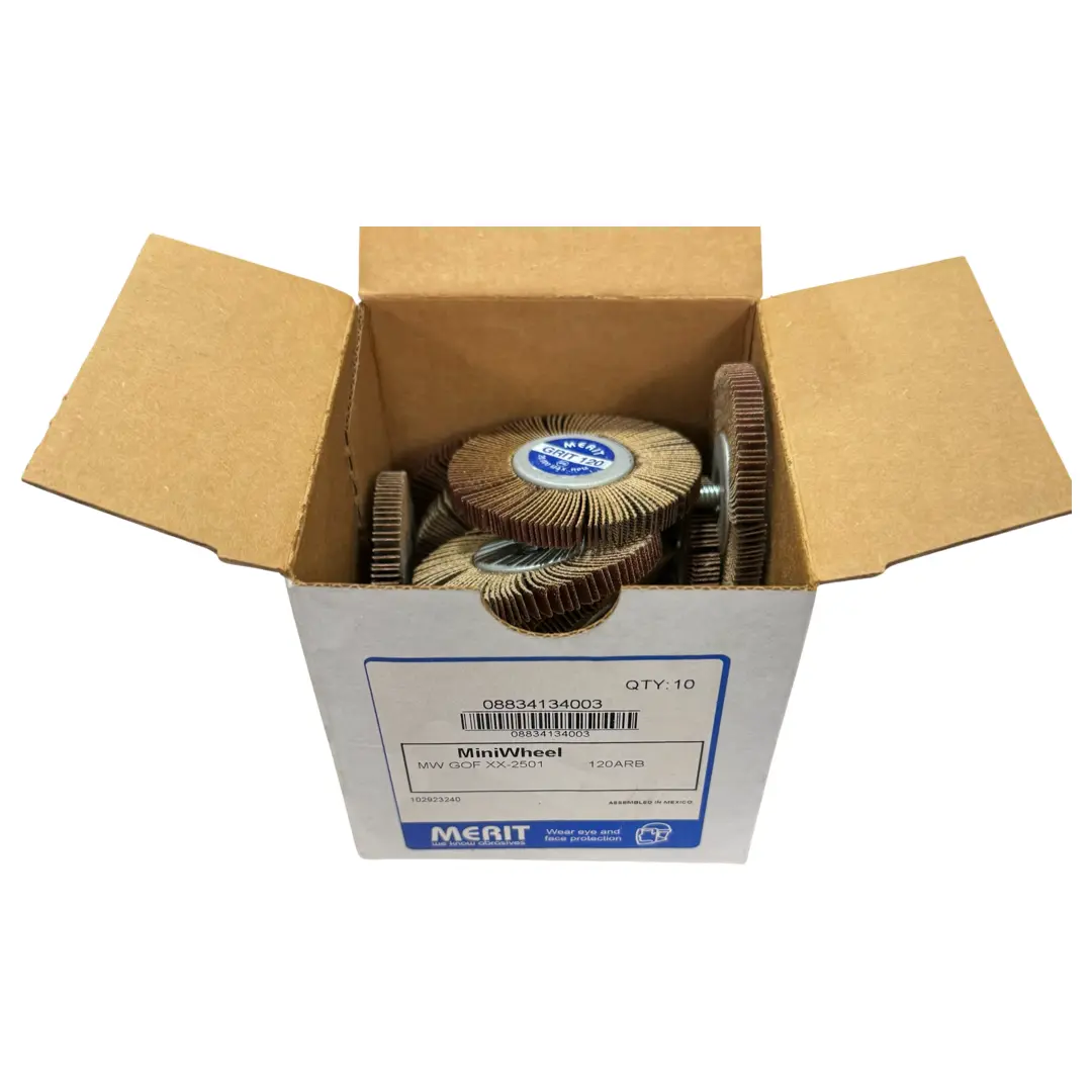 Merit 2-1/2 x 1/4 x 1/4-20 Threaded Mandrel Flap Wheels120 Grit Super Finish Aluminum Oxide 10 Pack