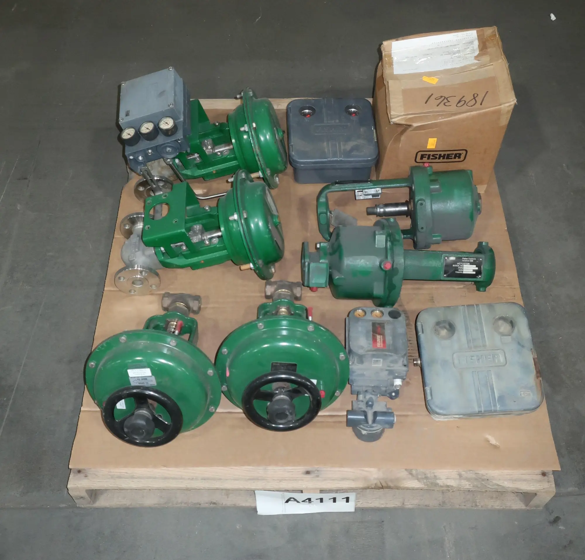 PALLET OF ASSORTED FISHER VALVES AND REPLACEMENT PARTS