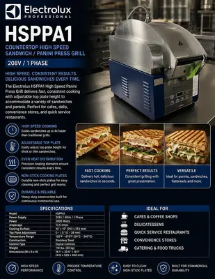 Electrolux HSPPA1 Countertop High Speed Sandwich Panini Press Grill 208v/1p