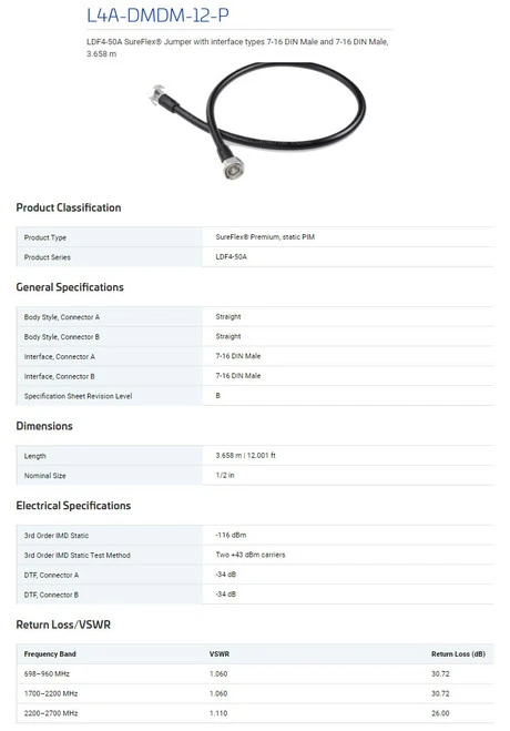 CommScope L4A-DMDM-12-P LDF4-50A SureFlex Jumper 7-16 DIN Male, 12ft [New]