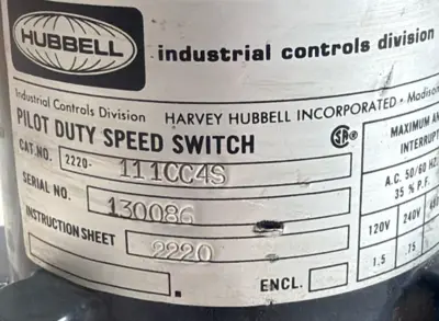 USED HUBBELL 2220-111CC4S PILOT DUTY SPEED SWITCH 2220111CC4S