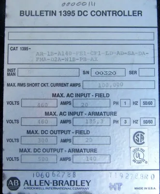 USED ALLEN BRADLEY 1395-AR-1B-A140-FE1-CF1-LD-AD-SA-DA-FMA-D2A-N1B-PB-AX DRIVE