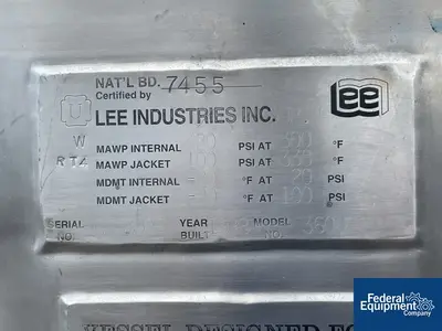 USED Lee Industries 360 Gal Lee Reactor, 304 S/S, 20/100#