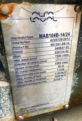 Alfa-Laval MAB 104B-14/24 oil purifier skid, SS.