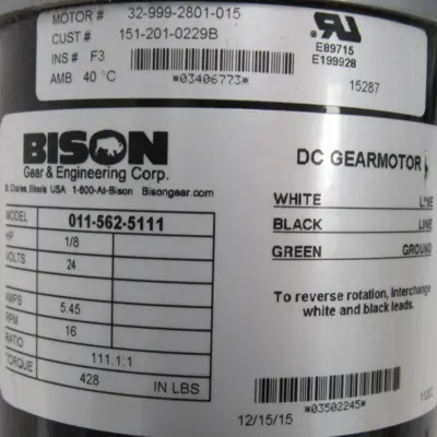 NEW BISON 011-562-5111 DC GEARMOTOR 1/8HP 24VDC RATIO 111.1:1 32-999-2801-015