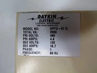 Daykin GPFS-01 G Enclosed Transformer Disconnect 2000VA 480V Pri 120V Sec 1PH