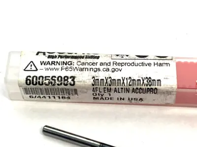 New | in-Stock ACCUPRO SQUARE END MILL 3.00 MM DIA, 12.00 MM LOC, 4 FLUTE, SOLID CARBI Carbide Endmills Michigan US | Maverick Industrial Sales #1092913