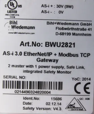 USED BIHL & WIEDEMANN BWU2821 GATEWAY MODBUS TCP
