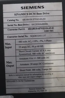SIEMENS 6RA8018-2FV62-0AA0 DRIVE SINAMICS DCM 30A 480V - STOCK 5120CC