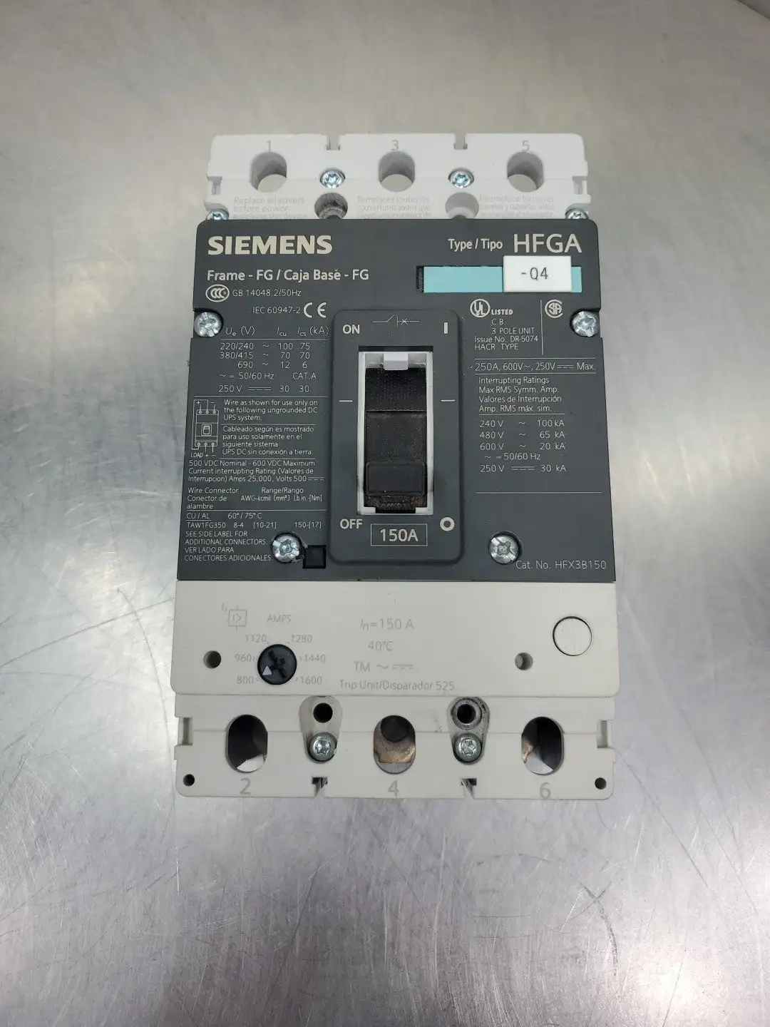 USED Siemens HFX3B150 FG CIRCUIT BREAKER, 3 POLE, 250A, 600VAC/250VDC