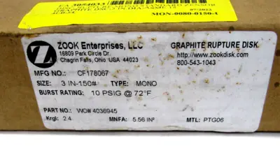 NEW ZOOK ENTERPRISES CF178067 GRAPHITE RUPTURE DISK 3IN-150#