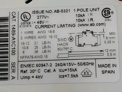 Allen Bradley 1489-A1C100/A Circuit Breaker Loc4B42