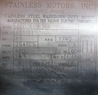 NEW BALDOR J2ZC5BBOAR STAINLESS MOTOR 11KW 460V 254TCS 1740RPM 1-3/8" DIA.