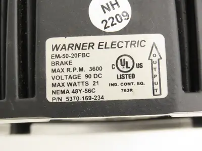 Warner BK EM-50-20 90V GEN2 Motor Clutch Brake 90VDC 3600 RPM 10.5Lb-Ft 48Y-56C