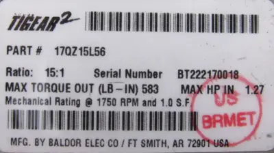 NEW BALDOR 17QZ15L56 GEAR REDUCER 15:1